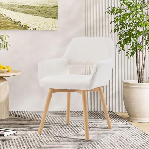 YEEFY Desk Chair No Wheels Vanity Chair Makeup Chair Comfy Accent Chair for Living Dining Room Bedroom Home Office Mid Century Modern Upholstered Armchair Sofa with Wood Legs (Wool White